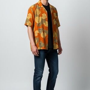 Tori Richard Orange and Gold Leaf Print Shirt